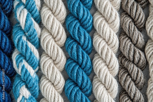 Grey Nautical Ropes. Closeup of Blue and Brown Jute Fiber Rope Texture