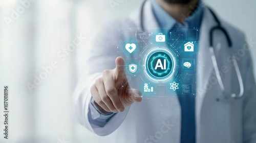 Doctor using AI technology on touch screen streaming health data and displaying AI seal, advanced diagnostics, doctor AI, AI diagnosis