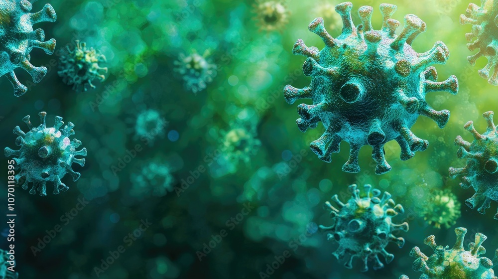 3D rendering of a coronavirus particle with a blurry green background. 3D rendering of a coronavirus particle with a blurry green background.