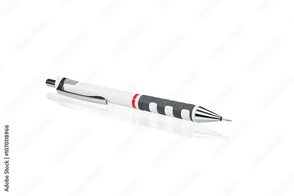 Close-up of a mechanical pencil isolated on white background. Image taken by tilt-shift lens to achieve corner to corner sharpness. Close-up of a mechanical pencil isolated on white background. Image taken by tilt-shift lens to achieve corner to corner sharpness.