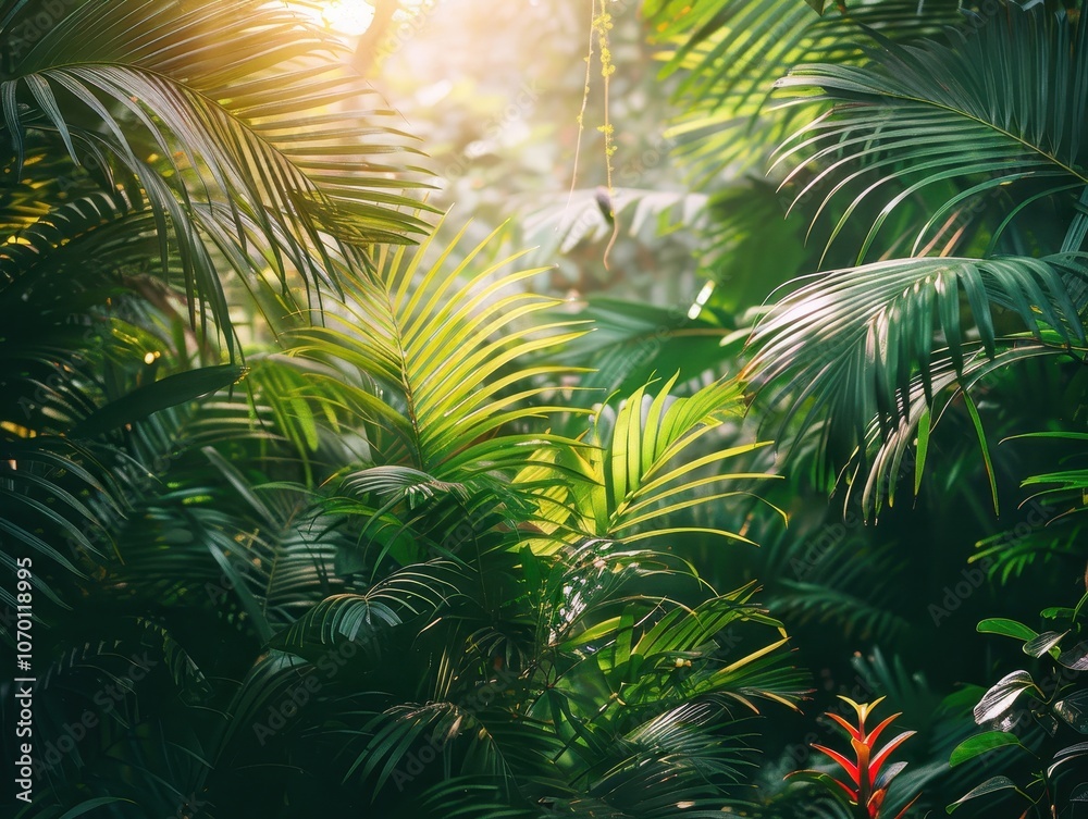Lush Greenery with Sunlight Through Tropical Leaves Lush Greenery with Sunlight Through Tropical Leaves