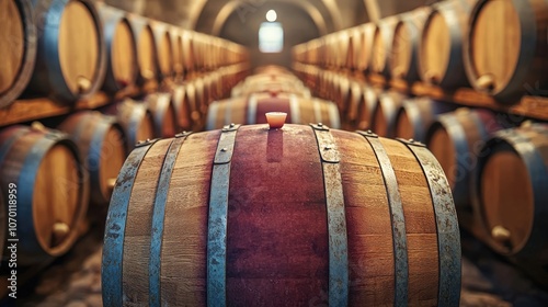 Barrels lined up in a rustic wine cellar with warm lighting during the late afternoon