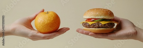 A hand presents an orange, symbolizing vitality, while another shows a rich cheeseburger. This image explores themes of decision-making and balance in food choices. photo