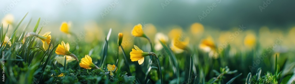 Obraz premium Vibrant Daffodil Field in Early Spring: A Sea of Bright Yellow Blooms Under Clear Blue Skies