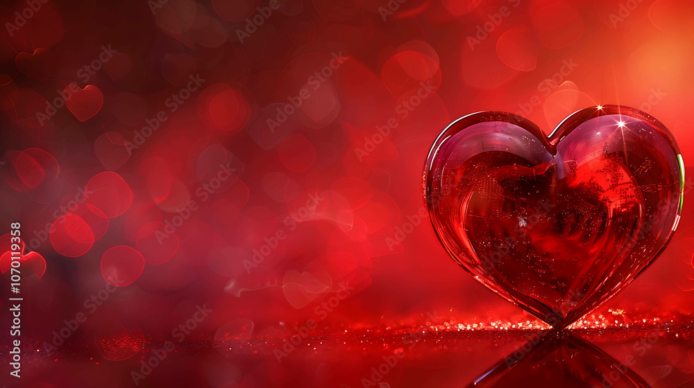 Red glass heart on red glitter background with blurred lights in the background. Red glass heart on red glitter background with blurred lights in the background.
