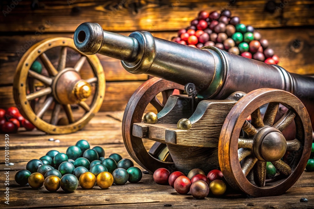 Obraz premium Rustic wooden backdrop showcasing vintage war weaponry with cannonballs and bullets, capturing the essence of history and craftsmanship in a stunning display.