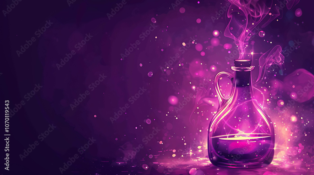 Purple potion in a magic bottle. Glowing liquid. Smoke and bubbles. Purple potion in a magic bottle. Glowing liquid. Smoke and bubbles.