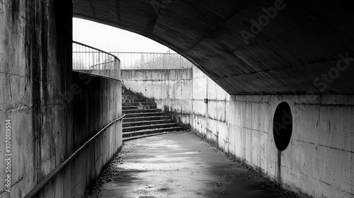 A black and white photo of a concrete walkway leading under an arched bridge with a round hole in the wall.