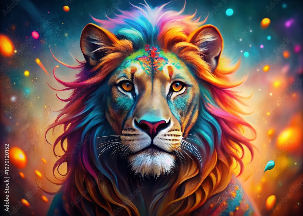 Captivating Colorful Lion Face Painting on White Background with Bokeh Effect, Showcasing Vibrant Hues and Artistic Flair for Wall Art and Home Decor Captivating Colorful Lion Face Painting on White Background with Bokeh Effect, Showcasing Vibrant Hues and Artistic Flair for Wall Art and Home Decor