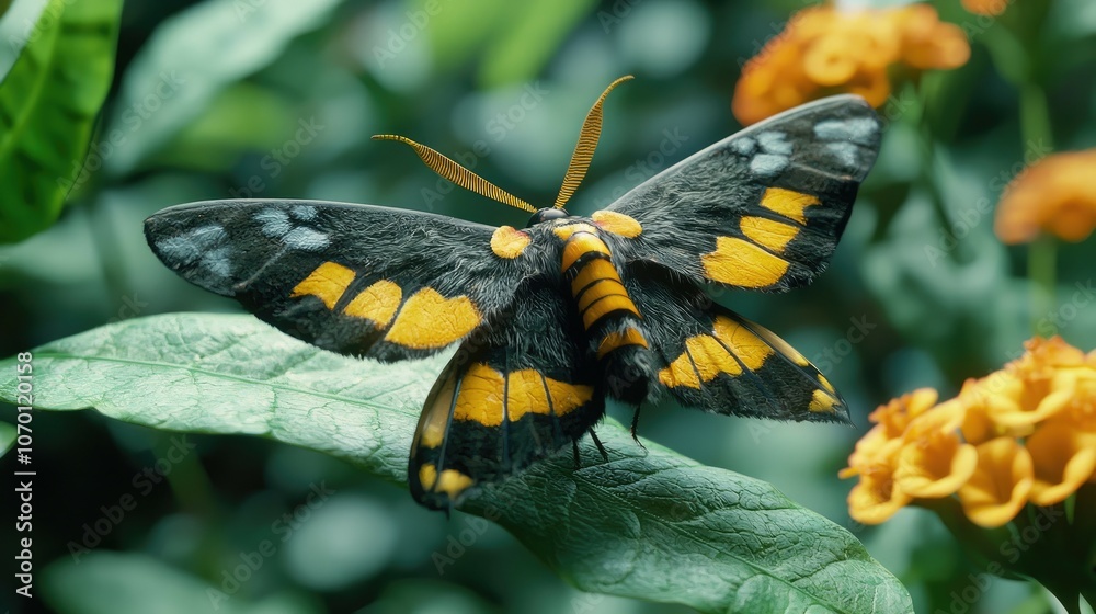 A black, yellow, and white moth with its wings spread wide, perched on a green leaf with orange flowers in the background. A black, yellow, and white moth with its wings spread wide, perched on a green leaf with orange flowers in the background.