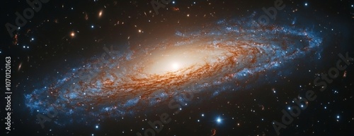 A spiral galaxy with a bright yellow star in the center