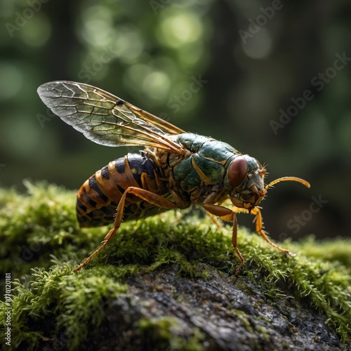 Suspended in Stillness: Cicada on a Mossy Rock Amid Forest Peace