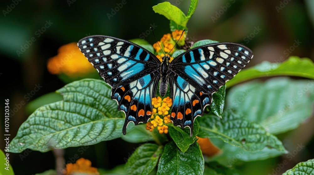 A blue and black butterfly with orange and white markings sits on yellow flowers with green leaves. A blue and black butterfly with orange and white markings sits on yellow flowers with green leaves.