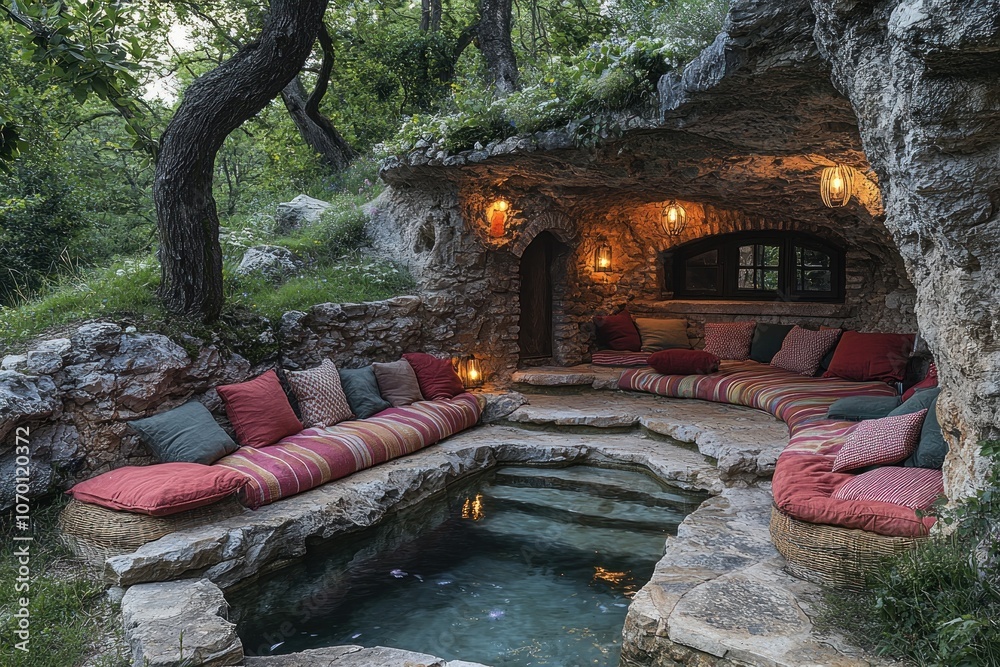 Obraz premium Stone Cave Oasis with Cushioned Seating and Small Pool