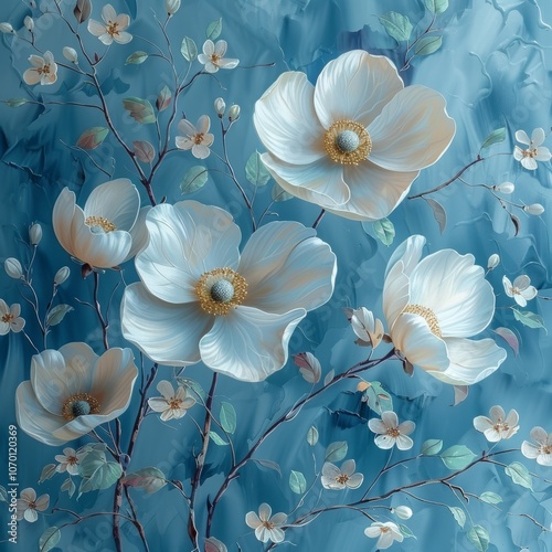 White flowers on a blue background, oil painting with soft pastel colors and delicate brush strokes. Generative AI