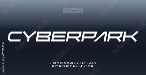 Wide geometric alphabet, bold cyberpunk font, futuristic angular typography, robotic industry typeface, techno sci-fi character, digital branding power. Vector typeset