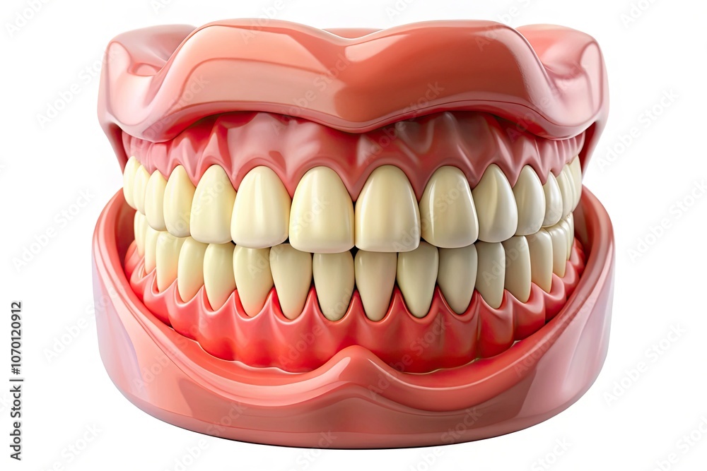 Obraz premium 3D Render of a Smiling Human Jaw with Teeth Isolated on White Background - Plastic Model for Medical, Dental, and Educational Uses in Urban Exploration Photography
