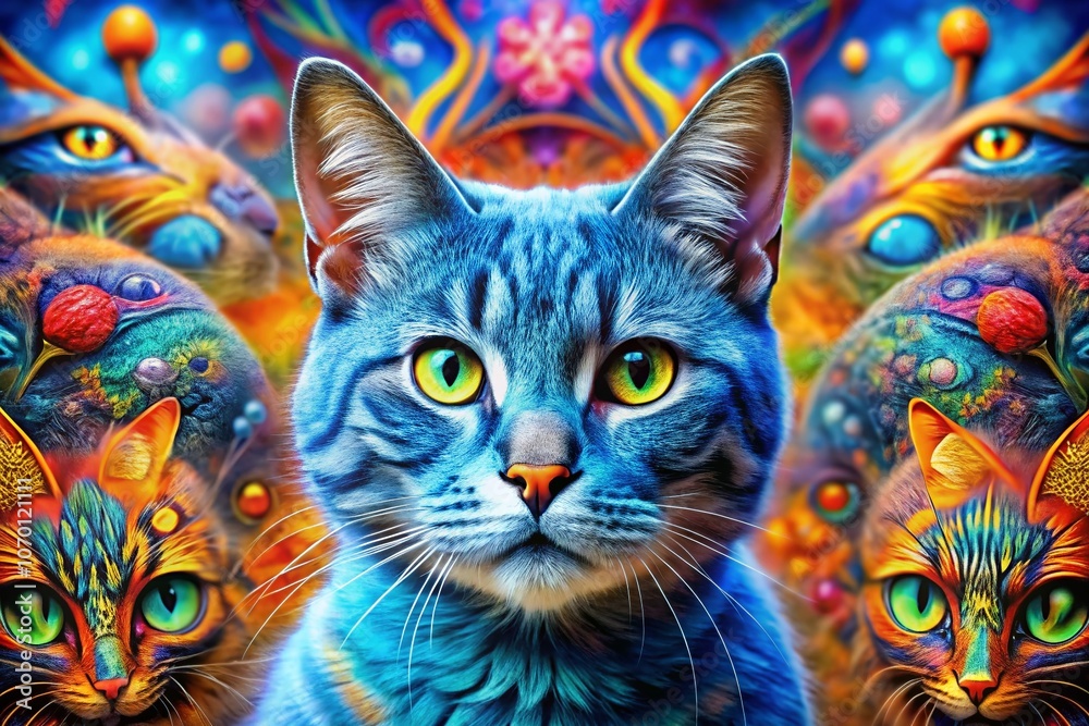 Captivating Double Exposure of a Blue Cat Merging with a Whimsical Cartoon Animal Landscape for Unique Artistic Appeal Captivating Double Exposure of a Blue Cat Merging with a Whimsical Cartoon Animal Landscape for Unique Artistic Appeal