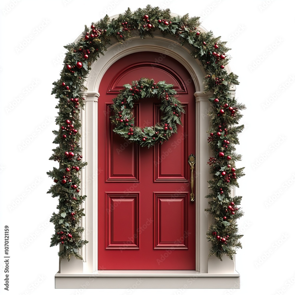 A festive red door adorned with greenery and ornaments, welcoming the holiday spirit. A festive red door adorned with greenery and ornaments, welcoming the holiday spirit.