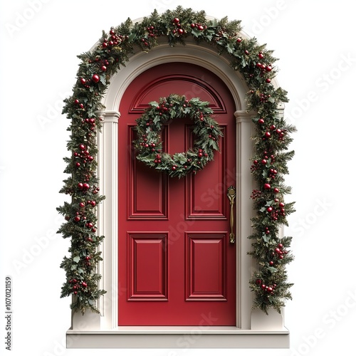 A festive red door adorned with greenery and ornaments, welcoming the holiday spirit.