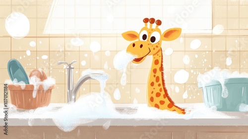 Playful Giraffe Washing Dishes in Cartoon Style