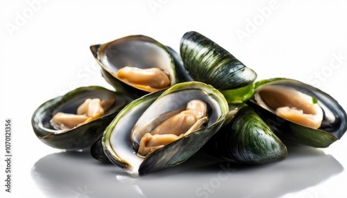 Halves of delicious green mussels, perfectly cooked, presented isolated against a white studio background. AI generated.