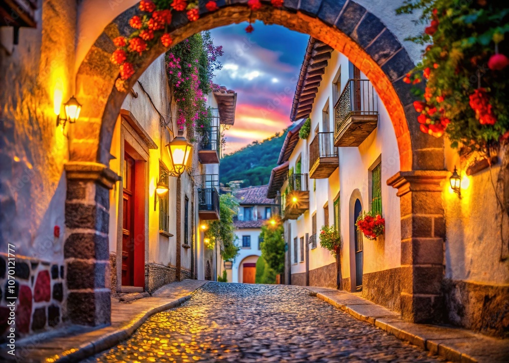 Fototapeta premium Taxco, Mexico Cobblestone Street Arch Bokeh November 2022 AI Photo