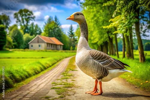 The majestic goose, a regal stride through the green expanse. photo