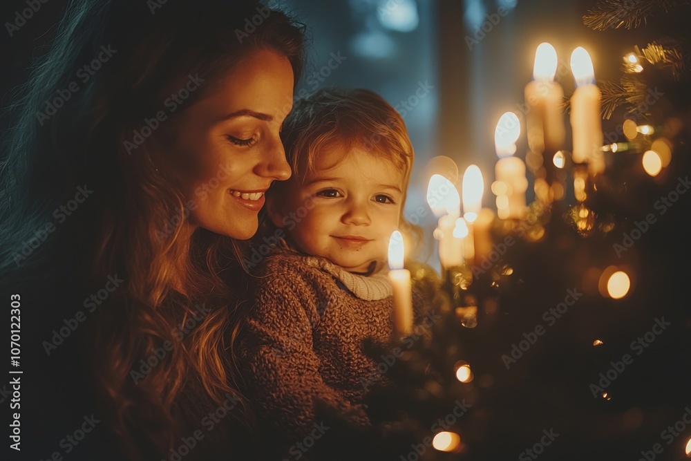 A Mother and Child Gaze at Lit Candles on a Christmas Tree A Mother and Child Gaze at Lit Candles on a Christmas Tree