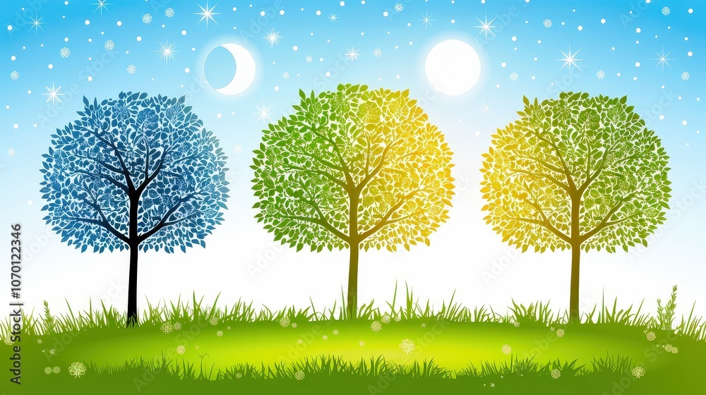 A colorful illustration of three trees representing different seasons under a bright sky with stars and celestial bodies, showcasing nature's beauty. A colorful illustration of three trees representing different seasons under a bright sky with stars and celestial bodies, showcasing nature's beauty.