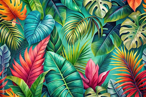 Wallpaper Mural Tropical Plants, Monstera, Banana, Palm Watercolor Banner Background Torontodigital.ca