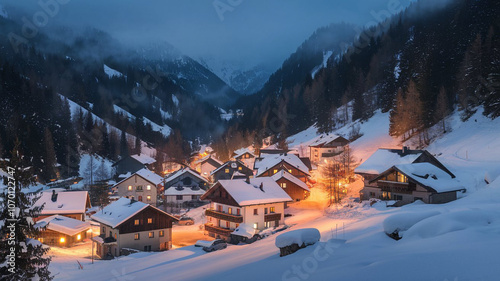 Picturesque Snowy Village at Night with Mountain View