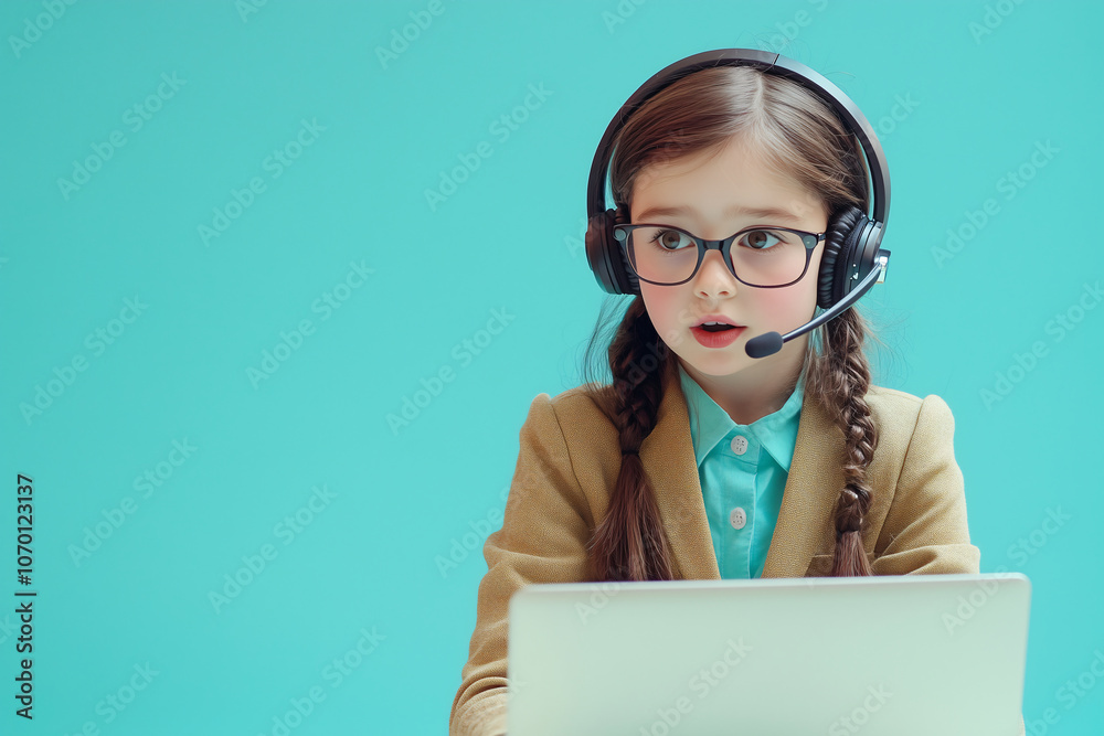 Girl with Headset Leading a Virtual Business Meeting on Solid Light Blue Background Girl with Headset Leading a Virtual Business Meeting on Solid Light Blue Background