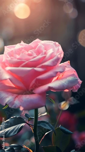 Pink rose in sunlight with bokeh effect, serene nature aesthetic