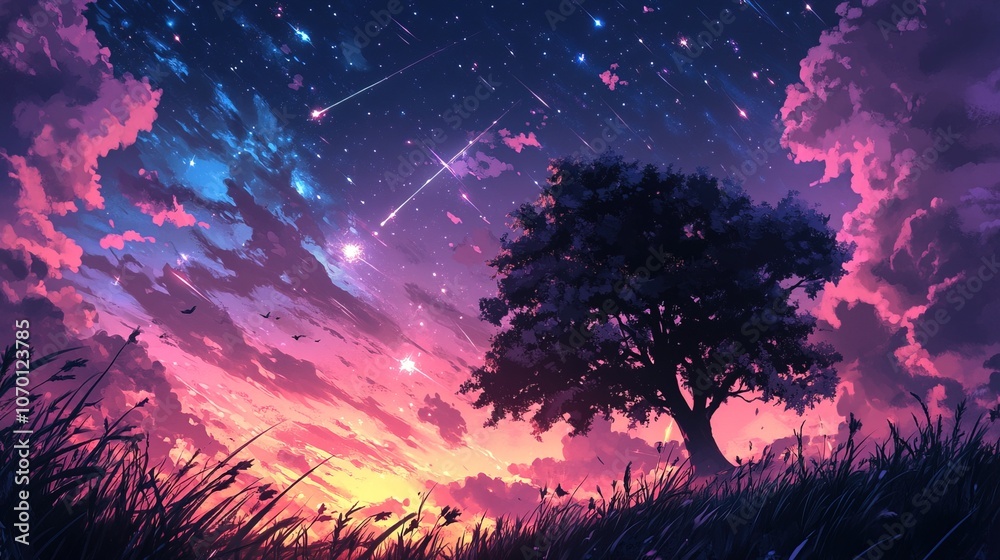 Stunning meteor shower across a vibrant night sky Stunning meteor shower across a vibrant night sky