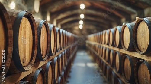 Bottled wine aging in wooden barrels inside a rustic winery cellar during daylight photo