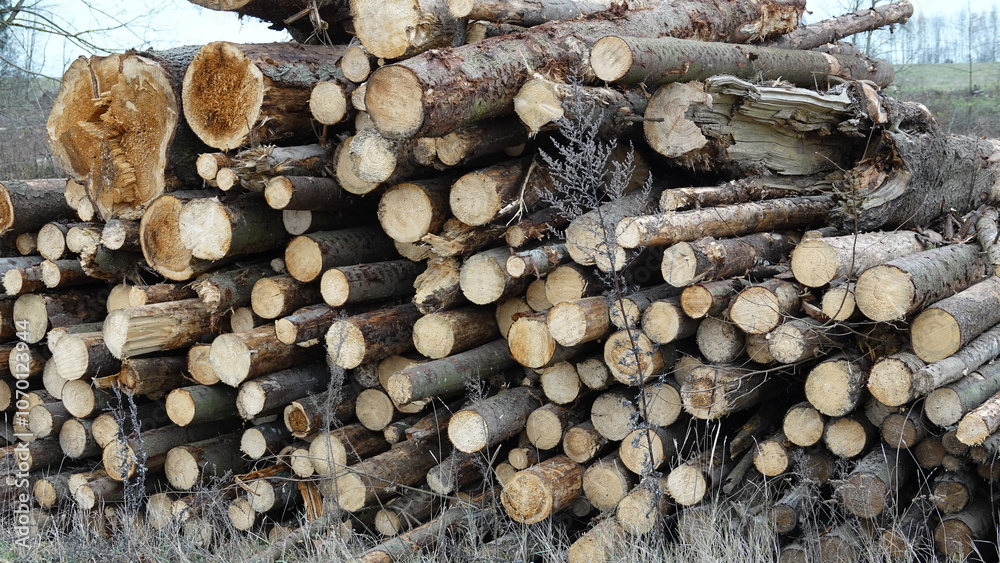 Cut and felled trees, freed from limbs and branches, stacked for shipment to wood processing. Stack of freshly cut wood of different diameters of hardwood and coniferous species Cut and felled trees, freed from limbs and branches, stacked for shipment to wood processing. Stack of freshly cut wood of different diameters of hardwood and coniferous species