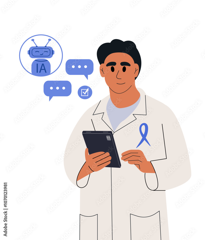 Doctor uses AI technology. Vector illustration in flat style Doctor uses AI technology. Vector illustration in flat style