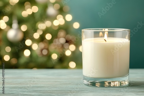 A cozy candle sits on a table, with a softly blurred Christmas tree adorned with lights in the background, creating a warm holiday atmosphere.