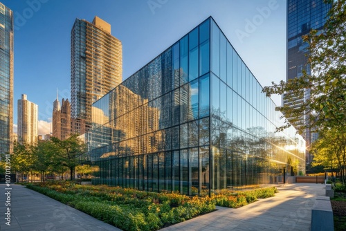 Sleek glass facades produce enchanting reflections as midday sun bathes the urban landscape, emphasizing modern designs and lines in vibrant clarity