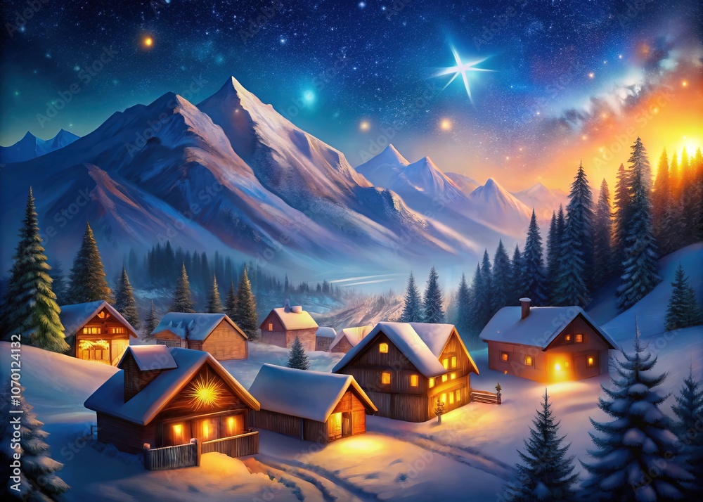 Fototapeta premium Winter Mountain Village Night Bokeh AI Art, Magical Mountain Scene