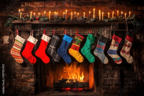 Festive Fireplace with Stockings and Hanukkah Candles photo