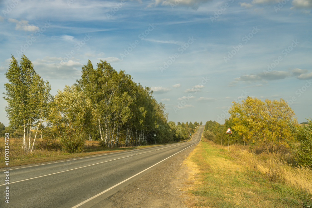 A road with trees on both sides and a sign on the right side A road with trees on both sides and a sign on the right side