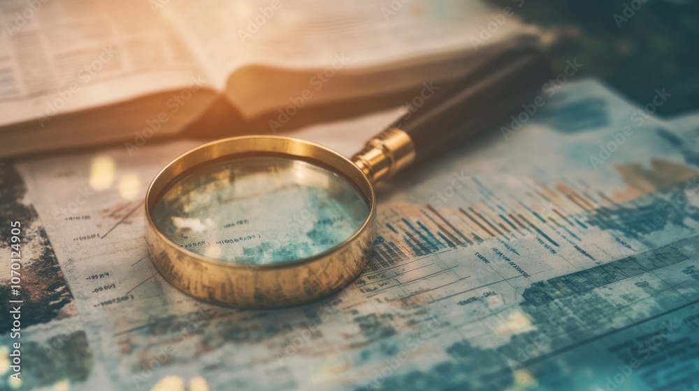 Magnifying glass on business charts, representing analysis, research, and financial data review. Magnifying glass on business charts, representing analysis, research, and financial data review.