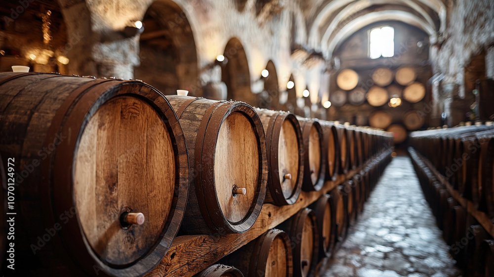 Barrels lined up in a rustic wine cellar with stone walls and arched ...