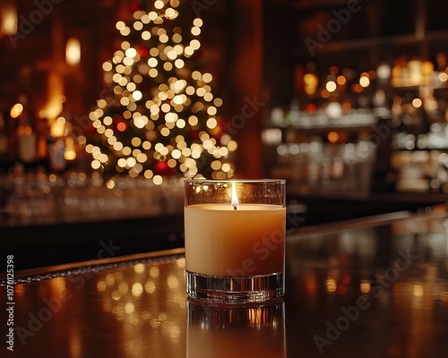 A cozy scene featuring a lit candle in a glass, with a beautifully decorated Christmas tree in the background, creating a warm, festive atmosphere.