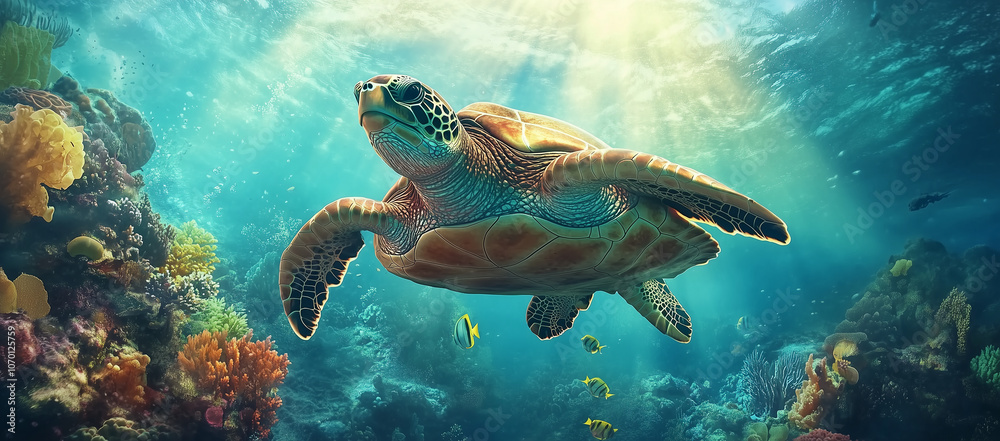 sea turtle gliding peacefully through the ocean depths, surrounded by schools of fish sea turtle gliding peacefully through the ocean depths, surrounded by schools of fish