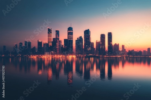 Dusk skyline view of a modern city illuminated by lights reflecting on calm waters during twilight hours