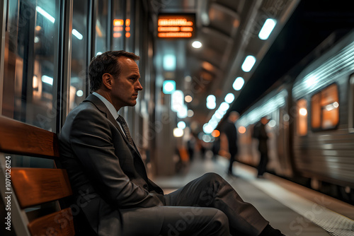 A businessman waits patiently on a train platform, his eyes fixed on the arriving train.