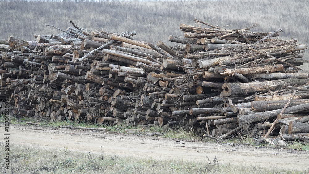 Site of massive deforestation in Europe, South America. Stacked, desiccated felled trees near the road waiting to be loaded onto logging trucks. Cut trees in the dust. Site of massive deforestation in Europe, South America. Stacked, desiccated felled trees near the road waiting to be loaded onto logging trucks. Cut trees in the dust.